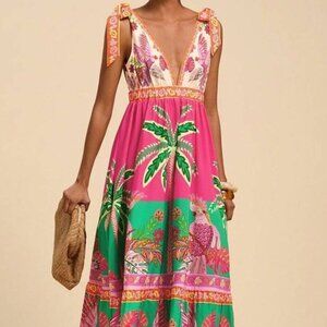 Sundayup Pink Tropical Print Maxi Dress